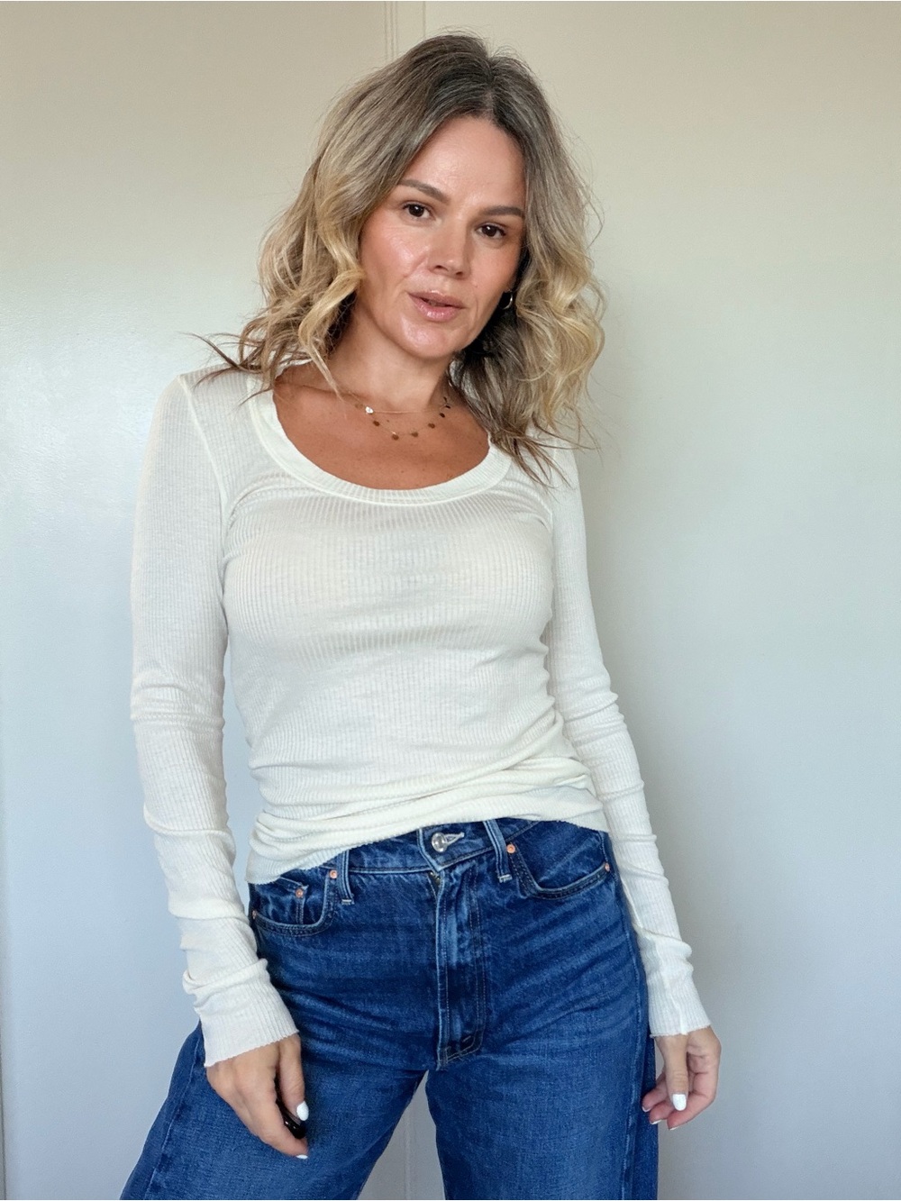 Enza Costa Cream Ribbed Scoop-Neck Long Sleeve Top